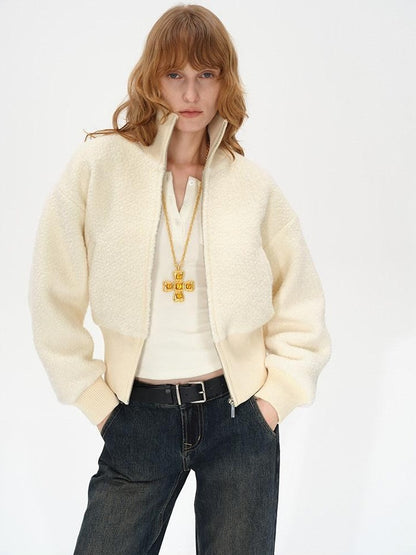 AFTADAWN Ivory Ribbed Knit Zip Stand Collar Women&