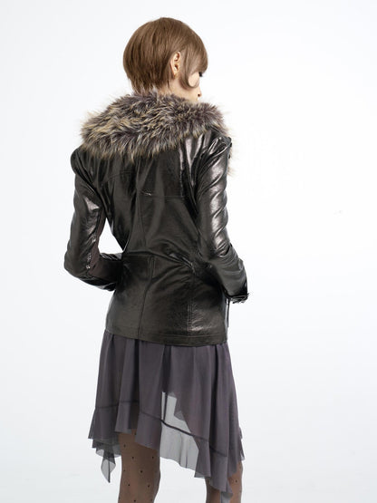 Flowers birds Market Detachable Fur Collar Double Zip Print Pu Women&