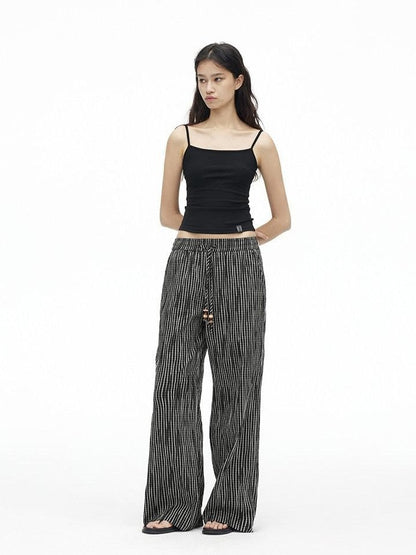 AFTADAWN Vertical Check Textured Beaded Drawstring Women&