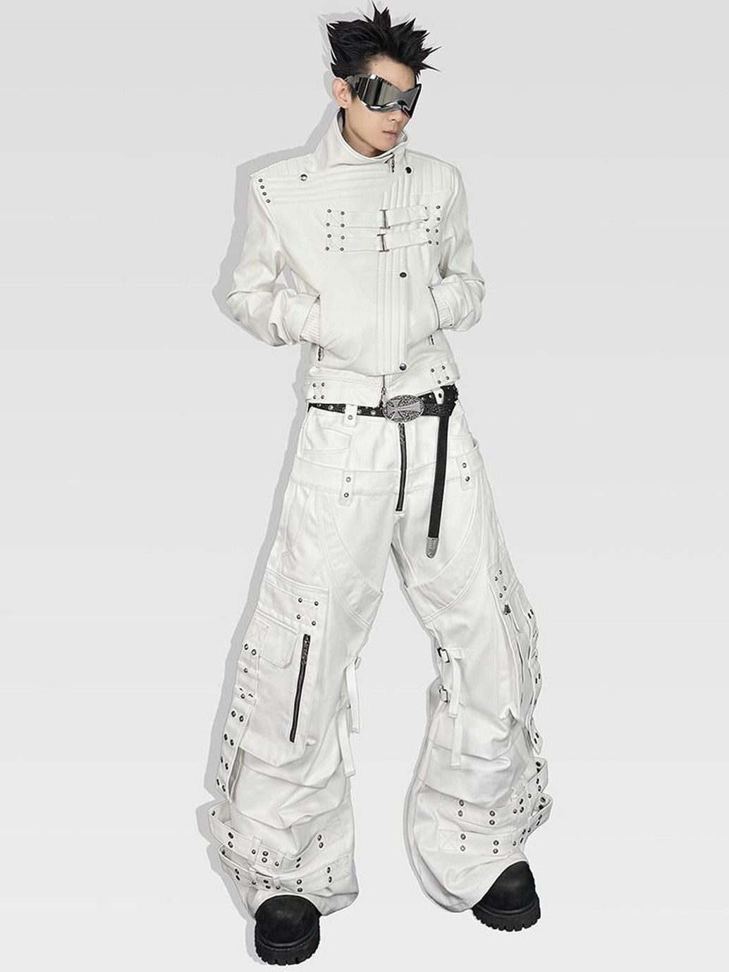 ATAnothingness Windproof Pu Cropped Zip Long Sleeve Silver Moon White Leather Jackets