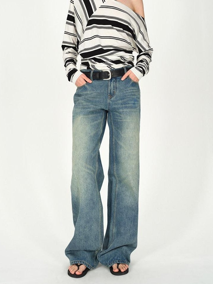 AFTADAWN Vintage Washed Low Rise Wide Loose Women&