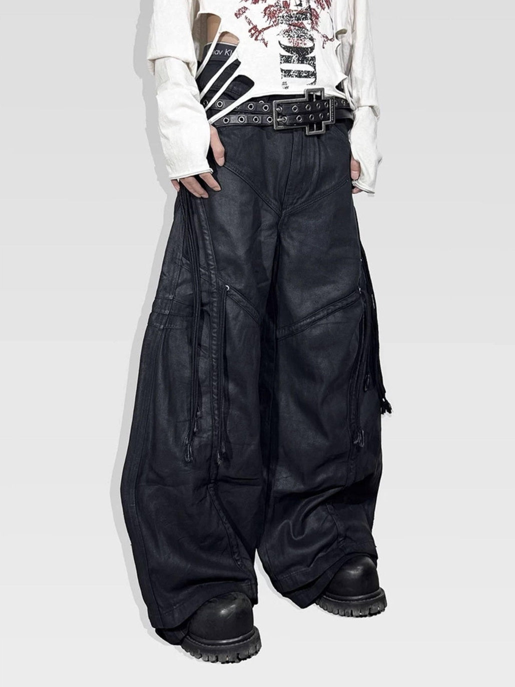 ATAnothingness Pleated Cargo Loose Mid Rise Zipper Cotton Gothic Metal Black Wide-Leg Jeans
