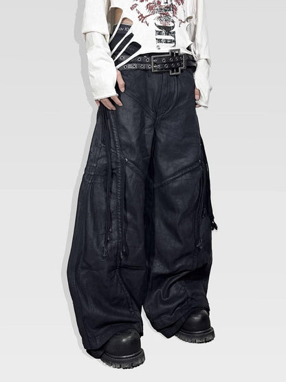 ATAnothingness Pleated Cargo Loose Mid Rise Zipper Cotton Gothic Metal Black Wide-Leg Jeans