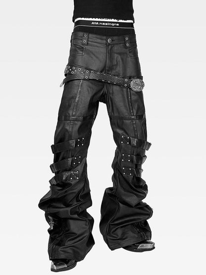 ATAnothingness Waxed Leather Trim Double Waist Stacked Straps Slim Women&