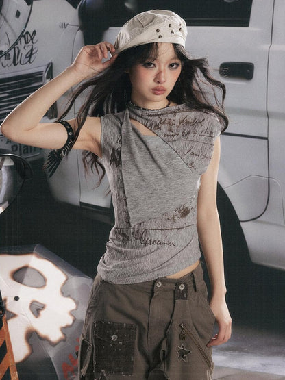 ALL iN plan Apricot Gray Asymmetrical Letter Print Slim Women&