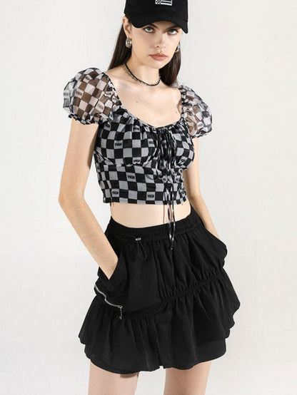 ANYQUESTION Black White Checkerboard Mesh Puff Sleeve Tie Fitted Women&