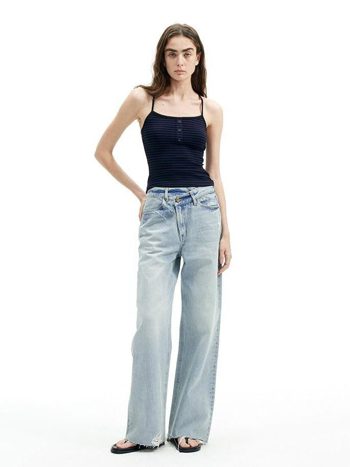 AFTADAWN Light Blue Ripped Slanted Zip Fly Women&