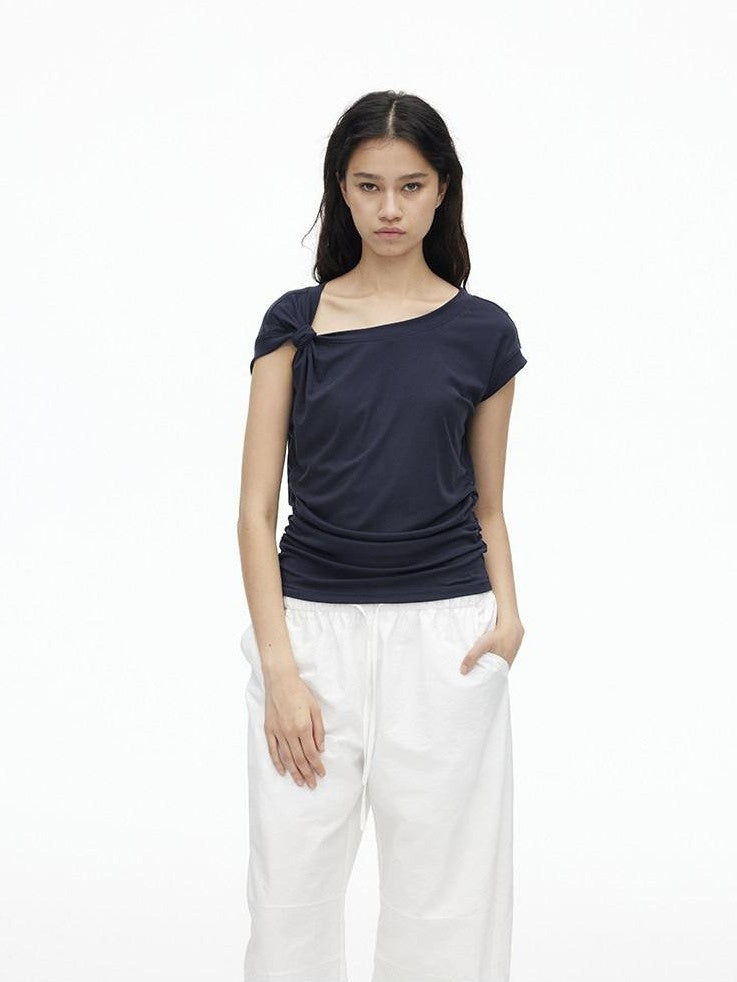 AFTADAWN Dark Blue Knotted Slanted Shoulder Slim Fit Women&