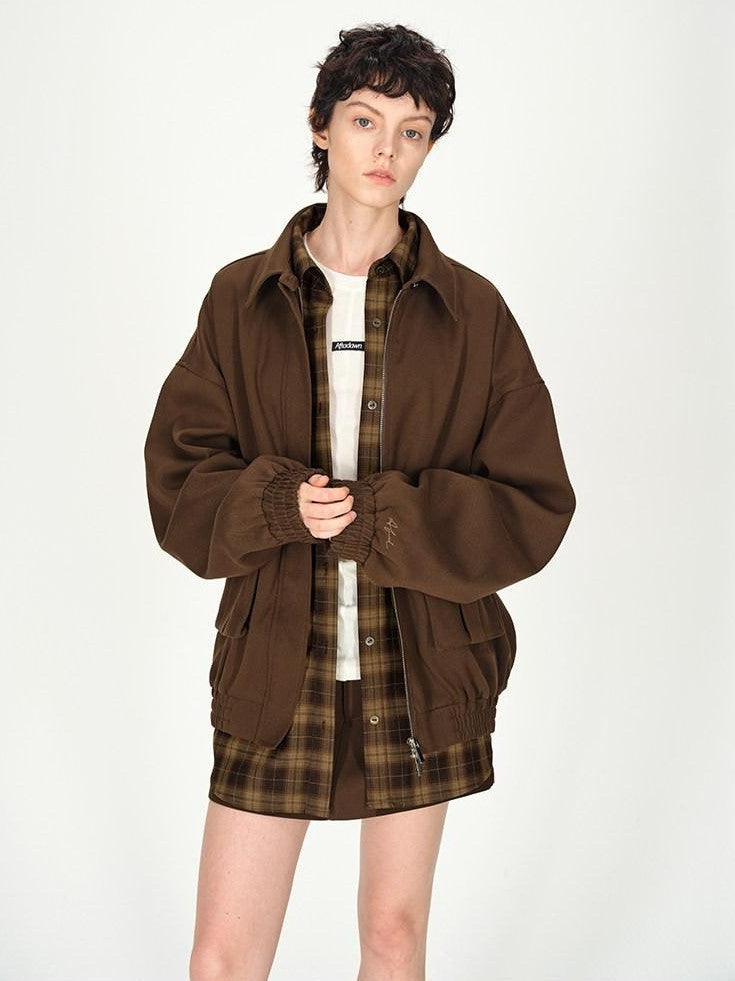 AFTADAWN Brown Lapel Double Zip Pockets A Line Women&