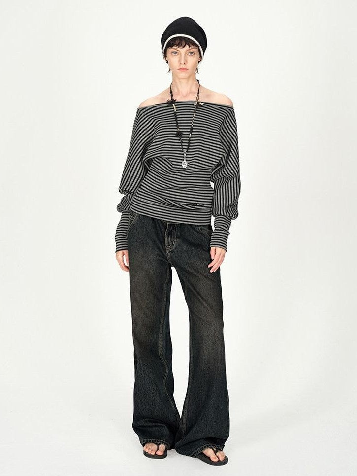 AFTADAWN Ruched Asymmetric Shoulder Striped Embroidered Women&
