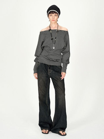 AFTADAWN Ruched Asymmetric Shoulder Striped Embroidered Women&
