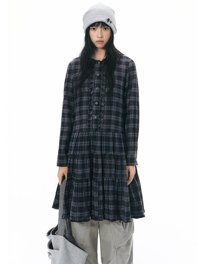 NAPSNAPS Plaid Doll Collar Ruffled Long Sleeve Women&