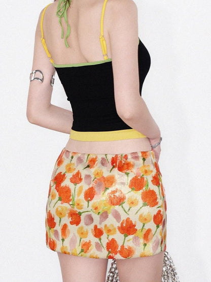 AFTADAWN Yellow Sequin Floral Print Low Waist A Line Women&