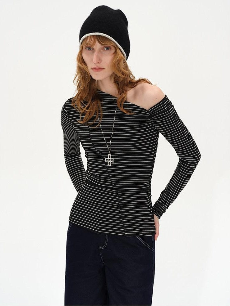 AFTADAWN Striped Ruched Off Shoulder Asymmetric Women&