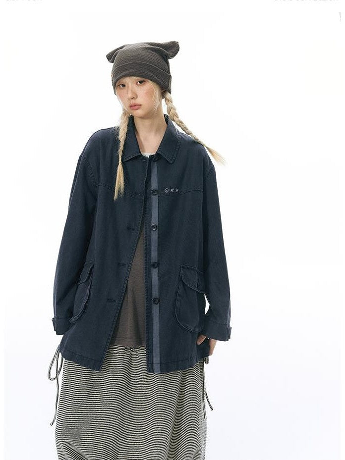 NAPSNAPS Chest Embroidered Vintage Loose Fit Cotton Women&