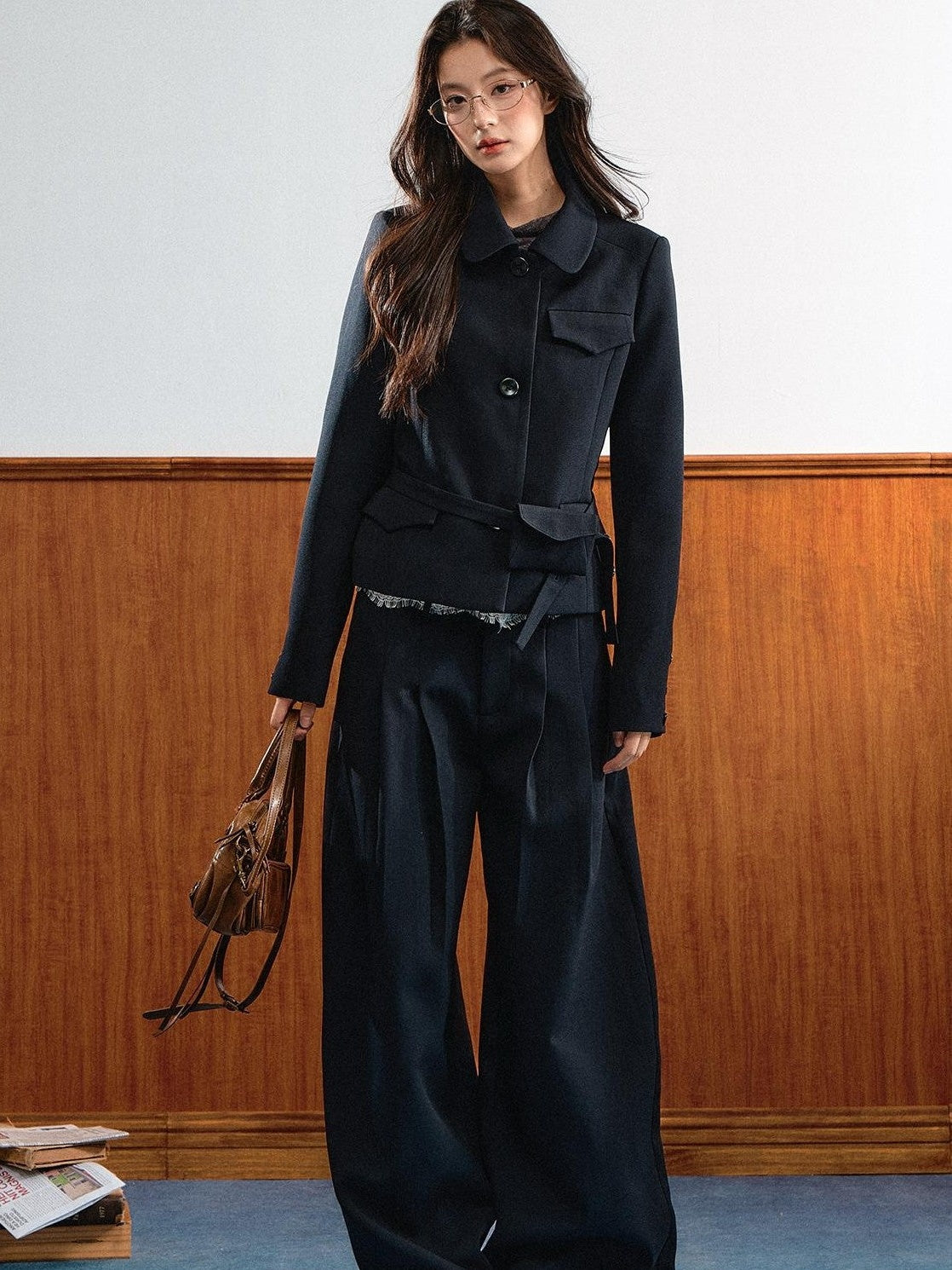 7Shiftin Retro Lapel Detachable Waist Bag Loose Wide Leg Women&