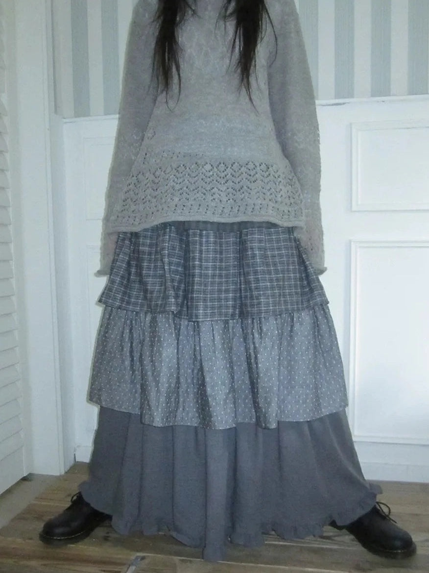ang project Vintage Checkered Polka Dot Tiered Ruffle Skirt Skirt
