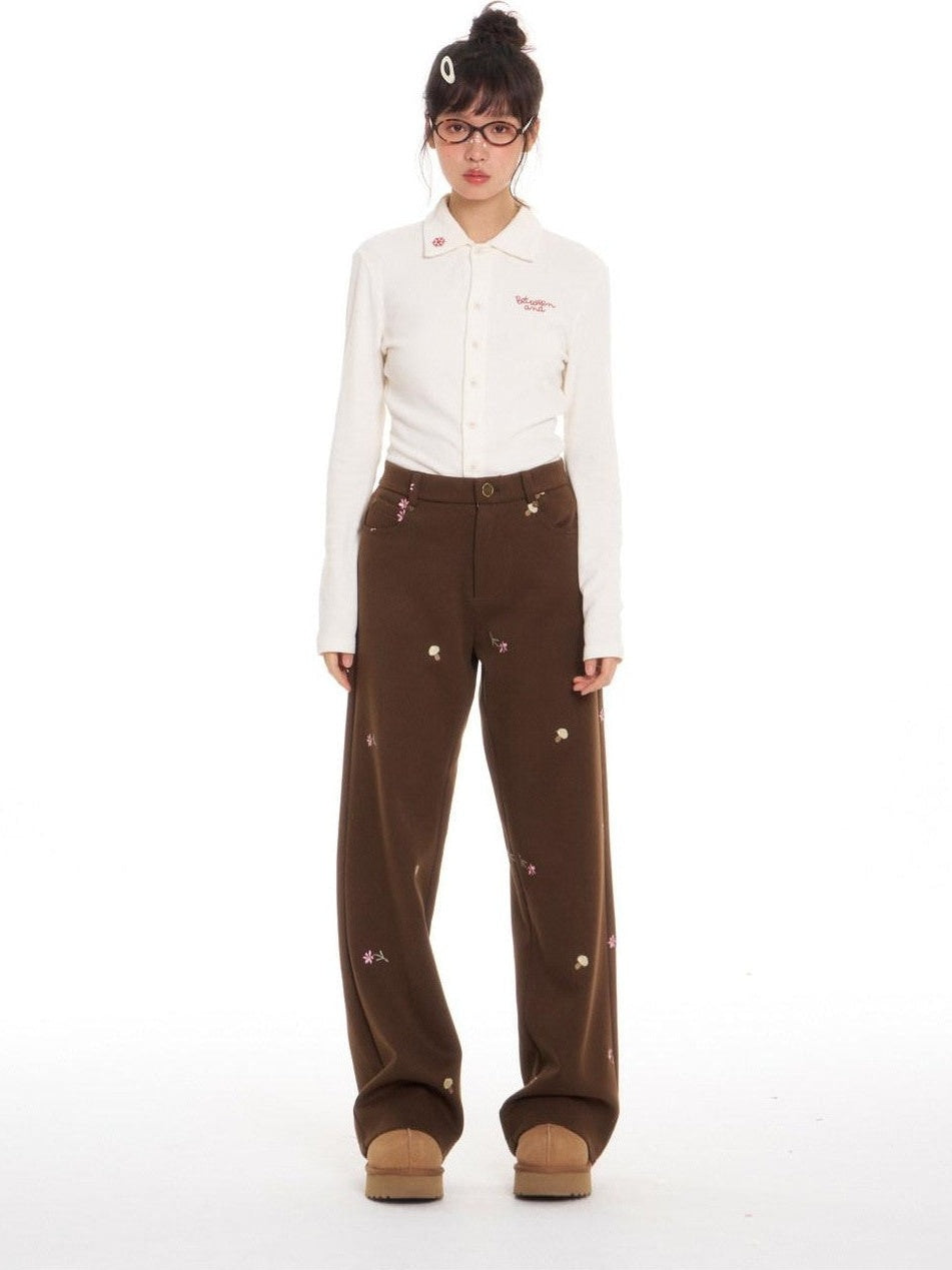 BETWEENAND Brown Mushroom Floral Embroidery Women&