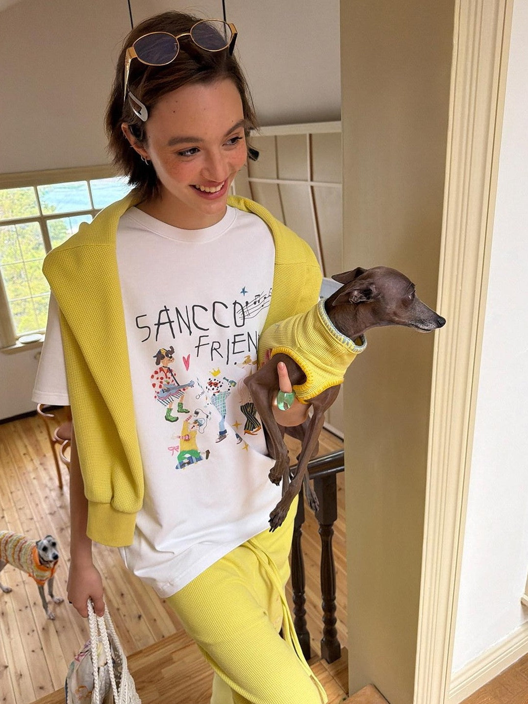 sancco house White Pink Cute Print Crew Neck Women&