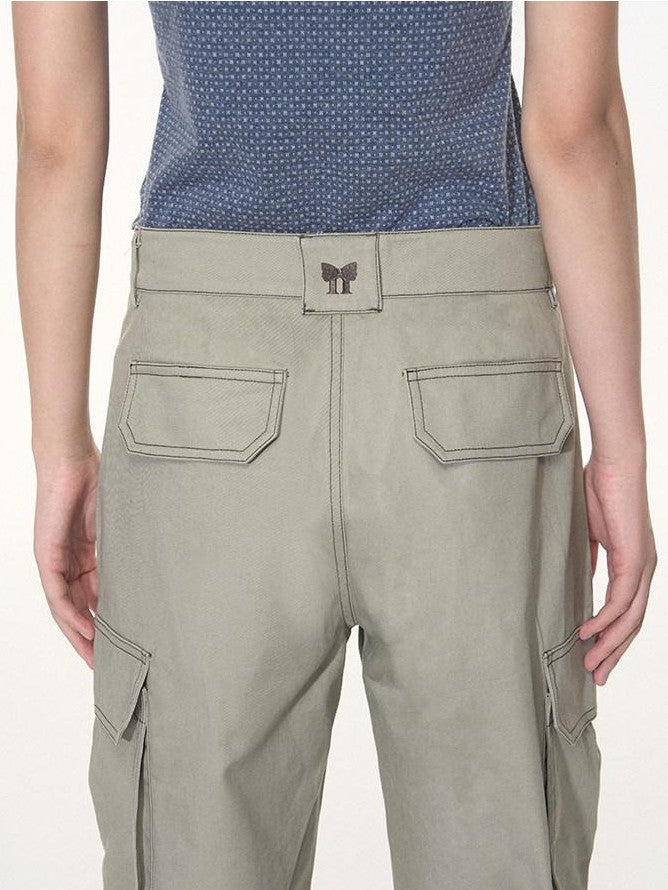 NAPSNAPS Khaki Vintage Cargo Embroidered Low Waist Women&