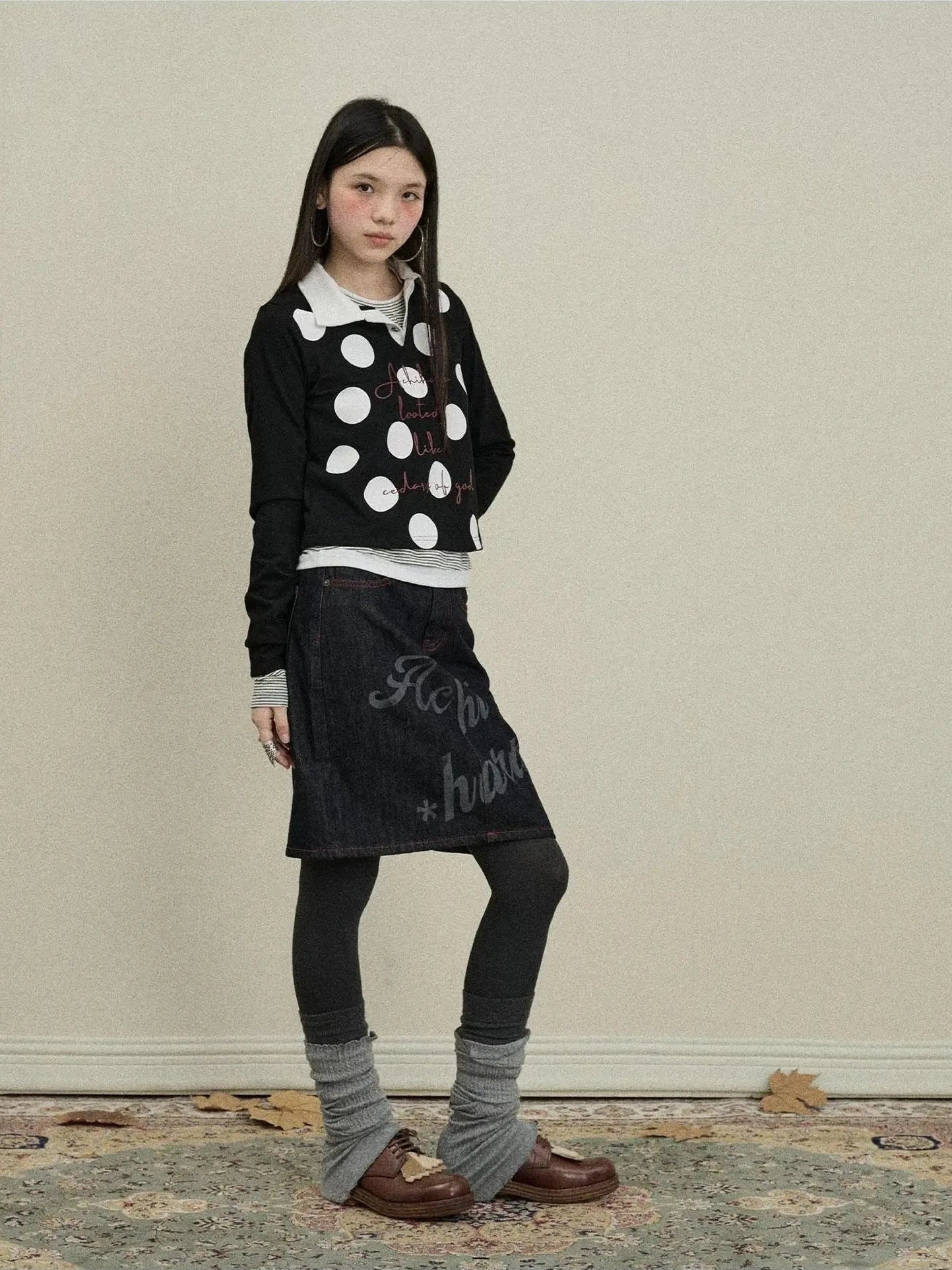 Achihara Denim Print Mini Skirt 2025 Spring Autumn Casual Wear