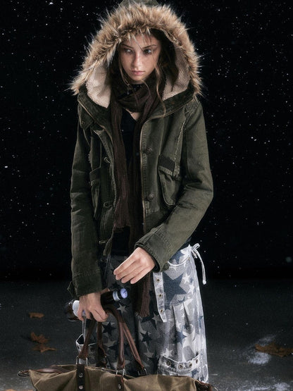 Cest Nous Cotton Filled Hooded Short Straight Commuter Women Olive Green Puffer Jacket