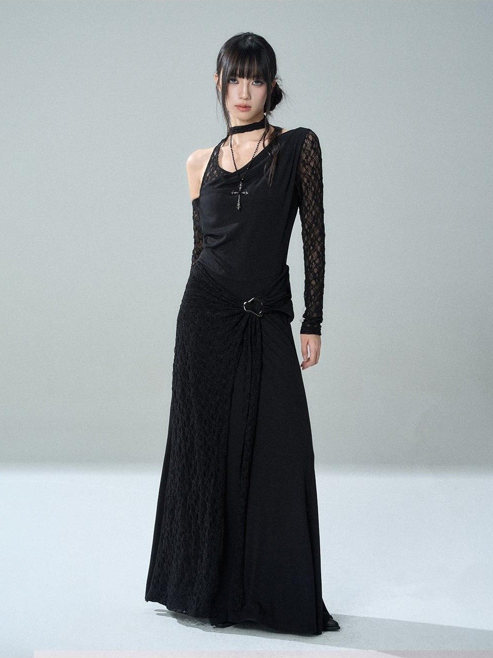 LADYGHOST Black Lace One Shoulder Long Sleeve Women&