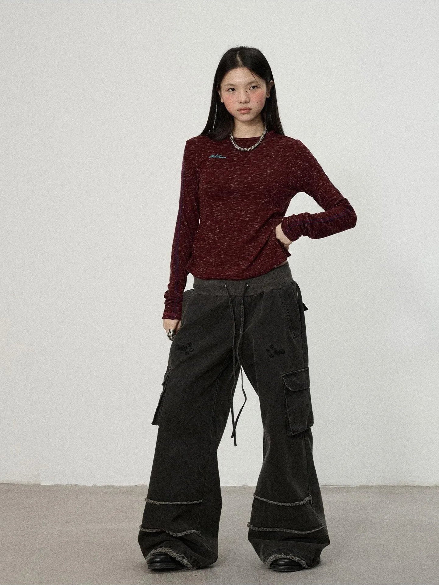 Achihara Striped Velvet Ribbed Long Sleeve V-neck Top