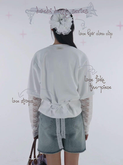 bae bi Animal Print Lace Patchwork Tie Waist Faux Layered Women&