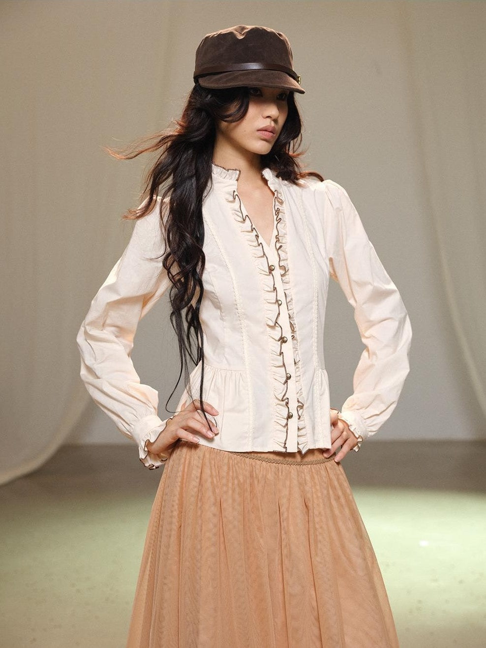 lvetong Beige Bubble Sleeve Ruffle Trim Splice Cinched Waist Women&