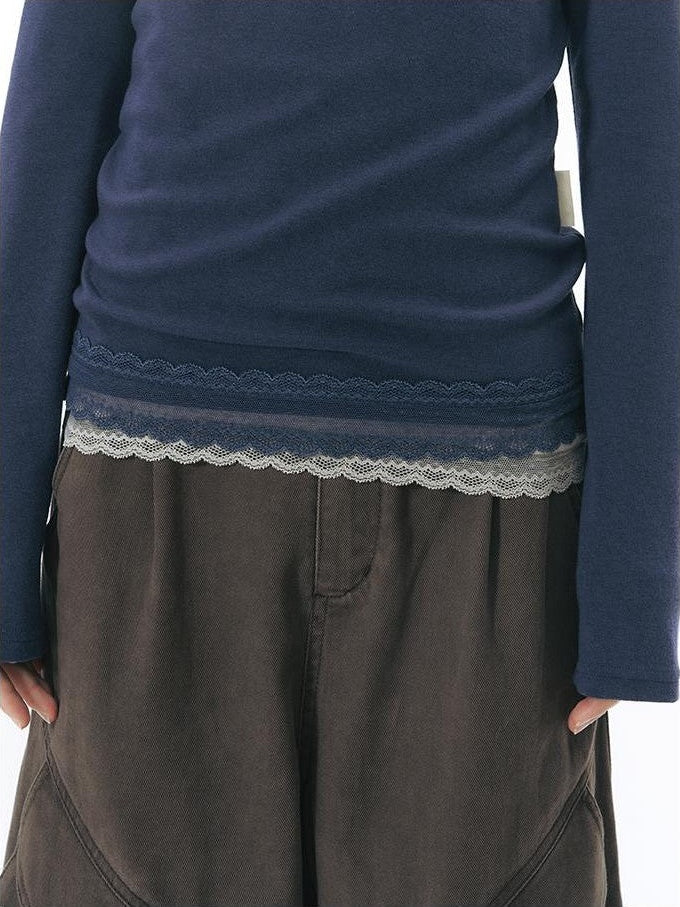 NAPSNAPS Lace Trim Splice Knit Round Neck Women&