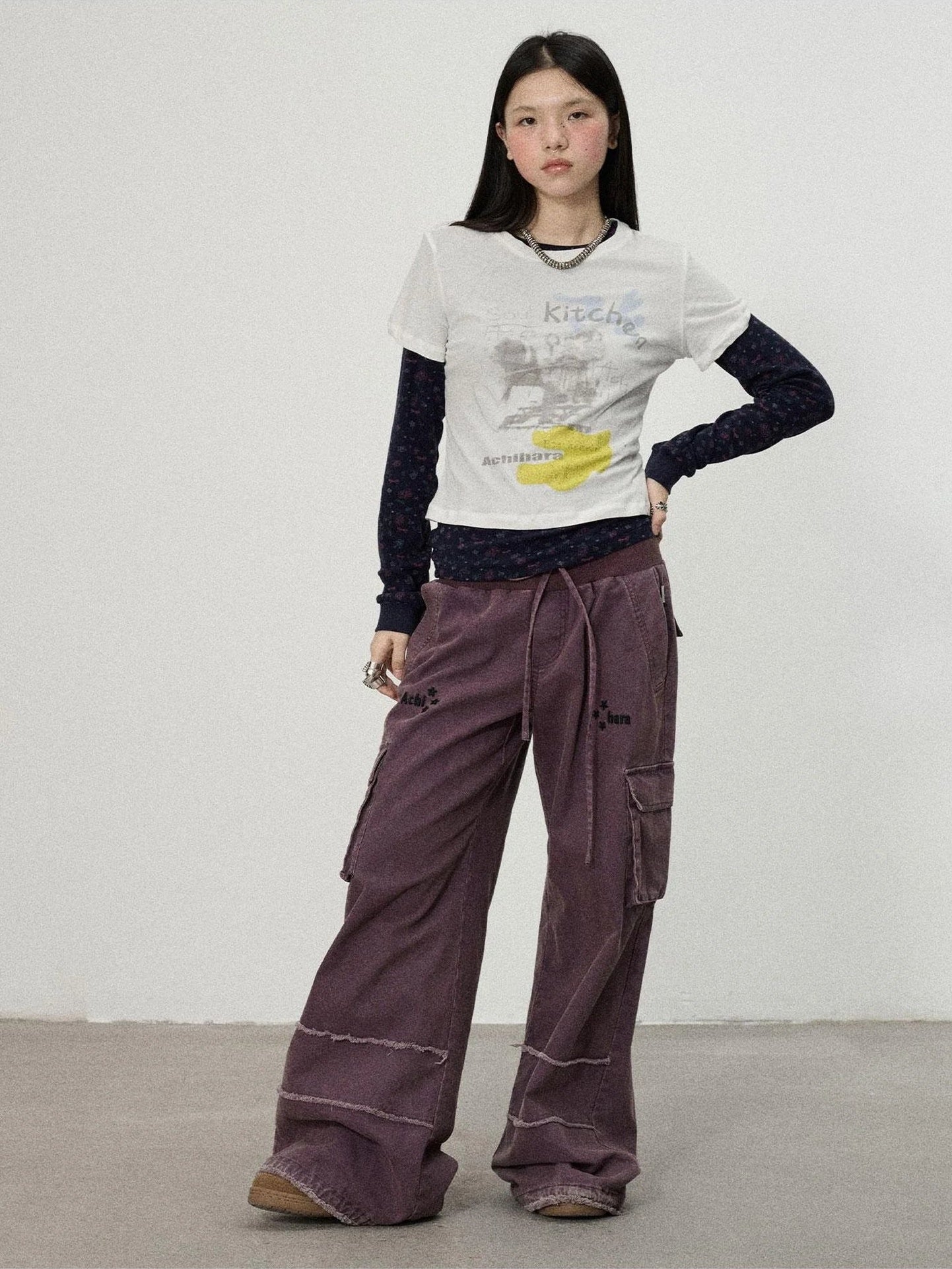 Achihara Two Piece Knit Set With Floral Print V-neck T-shirt Long Sleeve