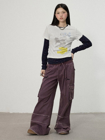 Achihara Two Piece Knit Set With Floral Print V-neck T-shirt Long Sleeve