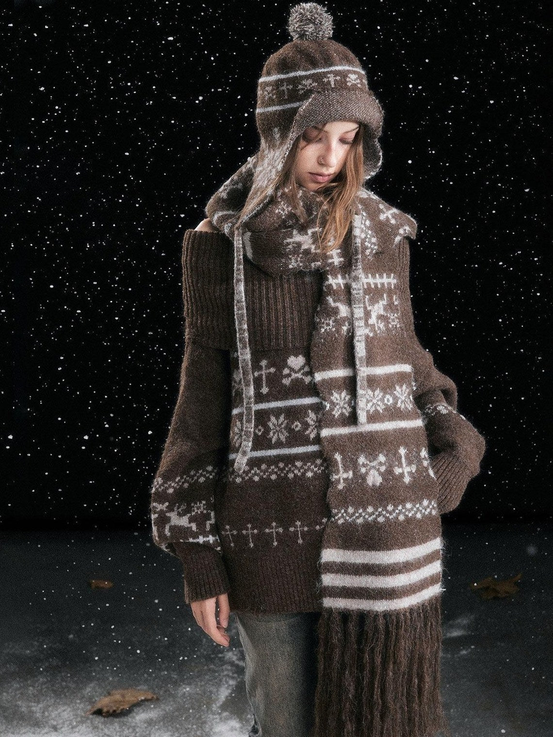Cest Nous Cozy Knit Wool Striped Helmet Style Earflap Casual Young Women Brown Hat