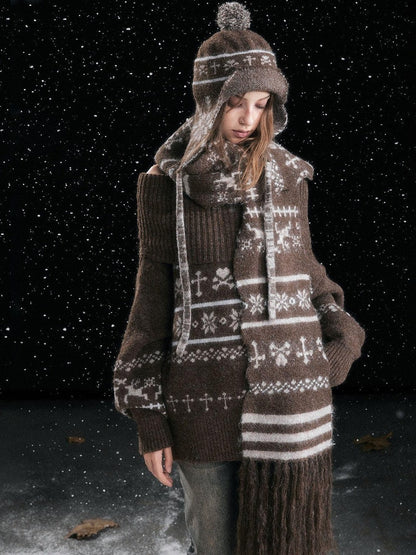 Cest Nous Cozy Knit Wool Striped Helmet Style Earflap Casual Young Women Brown Hat