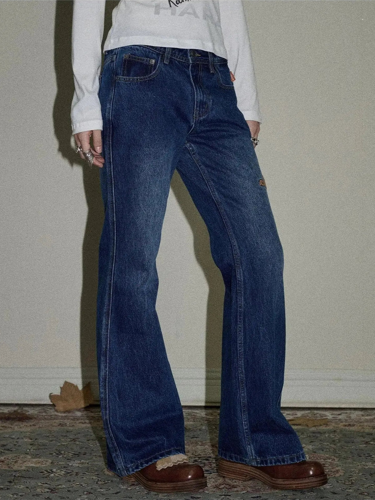 Achihara Embroidered Flared Jeans Distressed Denim Trousers