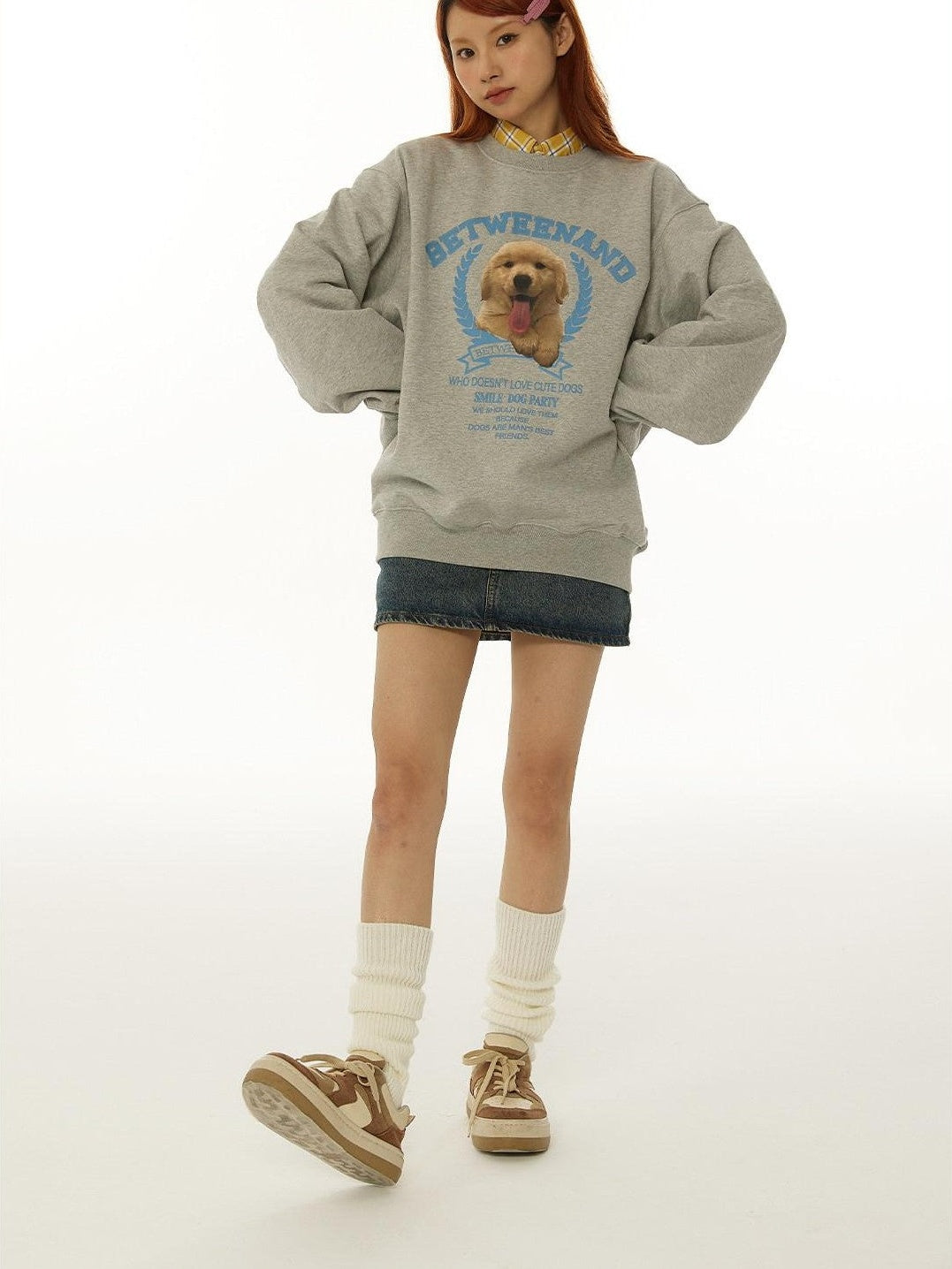 BETWEENAND Gray Tongue Out Puppy Motif Loose Fit Women&