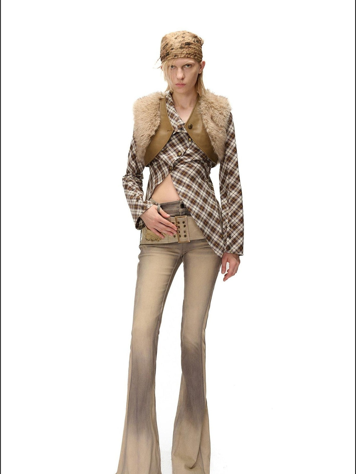 NORTH NODE Deconstructed Asymmetric Checkered Slim Fit Cotton Women&