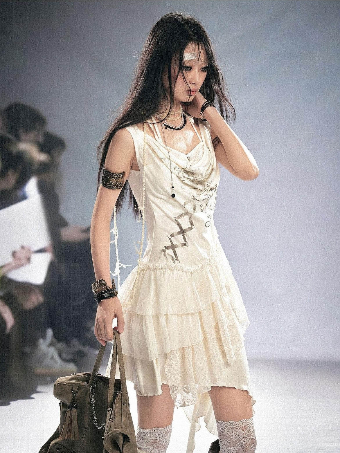Cest Nous Beige Ruffle Lace Up Printed Spliced Lace Women&