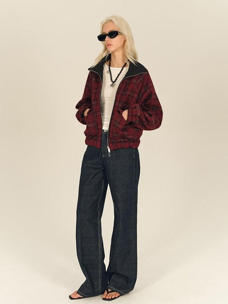 AFTADAWN Reversible Red Plaid Boxy Oversized Women&