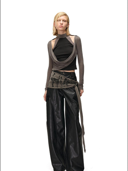 NORTH NODE Cowl Neck Cold Shoulder Patchwork Layered Women&