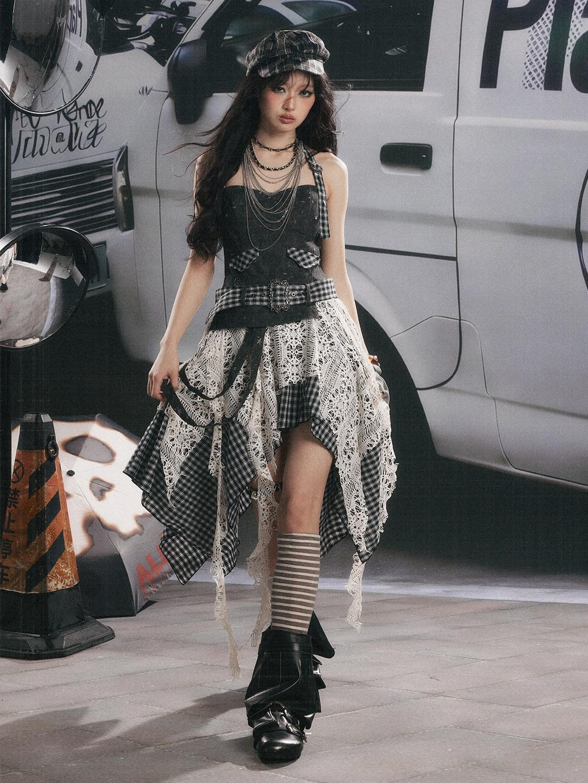 ALL iN plan Plaid Patchwork Asymmetric Tiered Women&