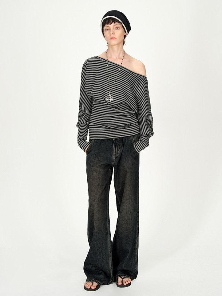 AFTADAWN Ruched Asymmetric Shoulder Striped Embroidered Women&