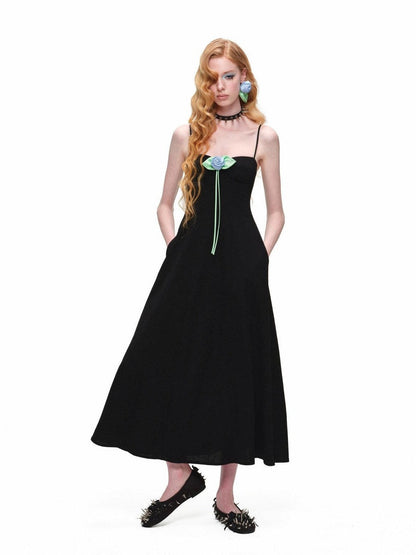 1JINN STUDIO Black Boned Corset Cinched Waist Rose Brooch A Line Women&