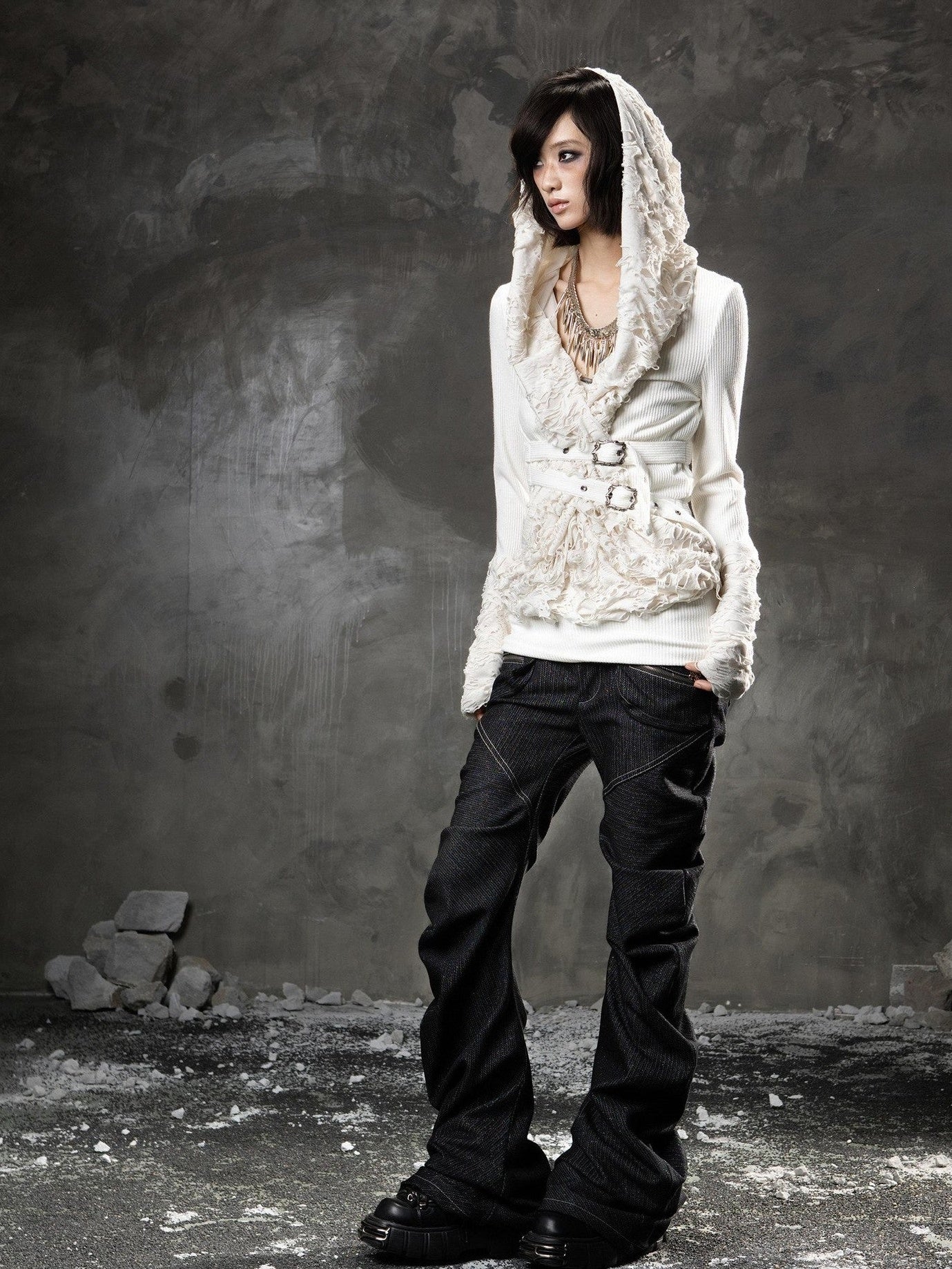 ARIADNAw Black Denim Punk Double Waistband Curved Stacked Texture Women&