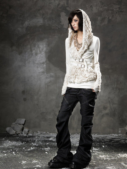 ARIADNAw Black Denim Punk Double Waistband Curved Stacked Texture Women&