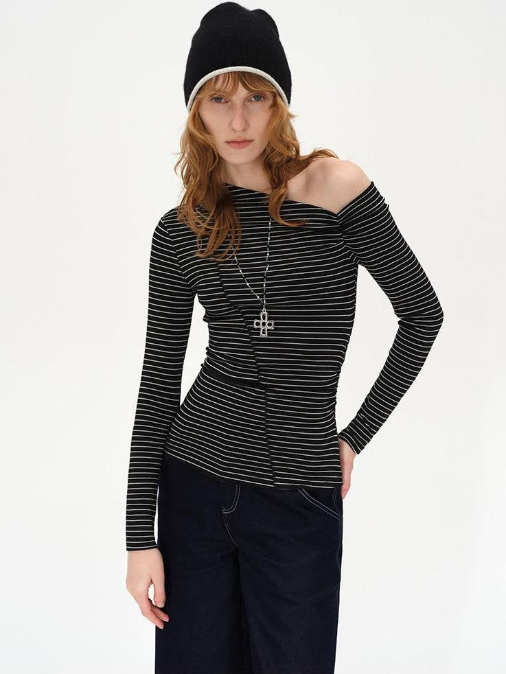 AFTADAWN Striped Ruched Off Shoulder Asymmetric Women&