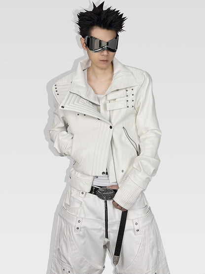 ATAnothingness Windproof Pu Cropped Zip Long Sleeve Silver Moon White Leather Jackets