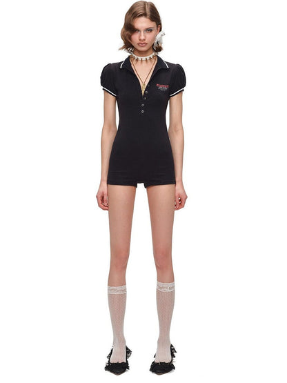 1JINN STUDIO Nautical Puff Sleeve Polo Collar Slimming Women&