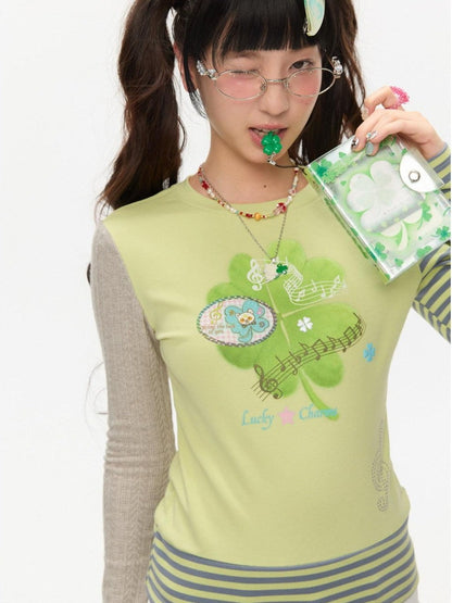 BETWEENAND Colorblock Graffiti Clover Print Women&